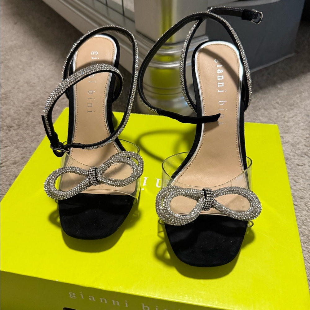 Gianni Bini Black Rhinestone Bow Ankle-Strap Heels